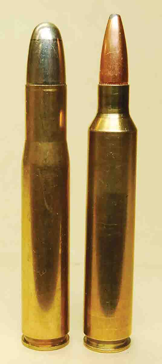 The 404 Jeffery of 1910 (left) is the parent case of the 300 Remington Ultra Magnum (right).